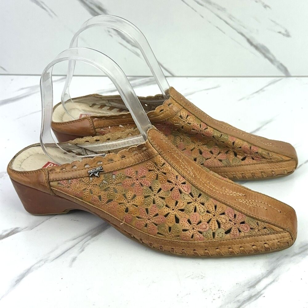 Pikolinos Womens Size 40 / 9 Slides Leather Floral Mules Brown Spain Block Heel